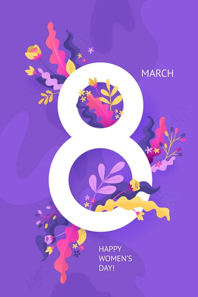 Międzynarodowy Dzień Kobiet. 8 marca sztandar z kwiatowym wystrojem. Cięty papier z wzorem wiosennych roślin, liści i kwiatów. Szablon plakatu, karty, sztandar Ilustracja wektora — Wektor stockowy