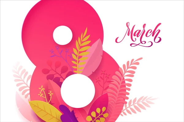 Internationella kvinnodagen. 8 mars banderoll med blommig dekor. Klipp papper med ett mönster av vårväxter, blad och blommor. Mall för en affisch, kort, banner vektor illustration — Stock vektor