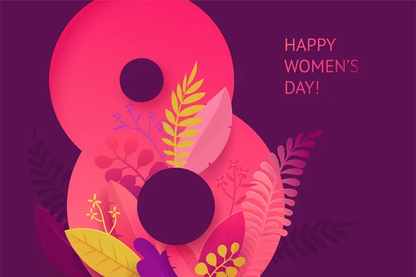 Dia Internacional da Mulher. 8 de março banner com decoração floral. Papel de redução com um modelo de fábricas de primavera, folhas e flores. Modelo para um cartaz, cartões, banner ilustração vetorial — Vetor de Stock