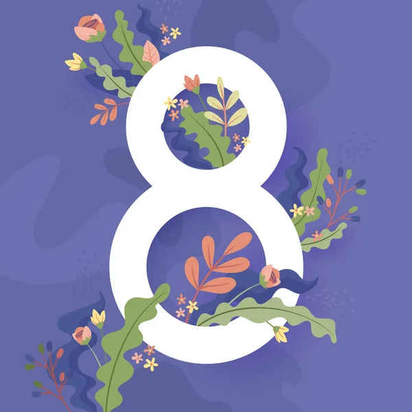 Día Internacional de la Mujer. Banner de 8 de marzo con decoración floral. Cortar el papel con un patrón de plantas de primavera, hojas y flores. Plantilla para un póster, tarjetas, banner Vector ilustración — Vector de stock