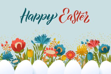 Happy Easter modern fırça kaligrafi. Mürekkep çizimi. Çiçek arka plan üzerinde izole. -Vektör illüstrasyon