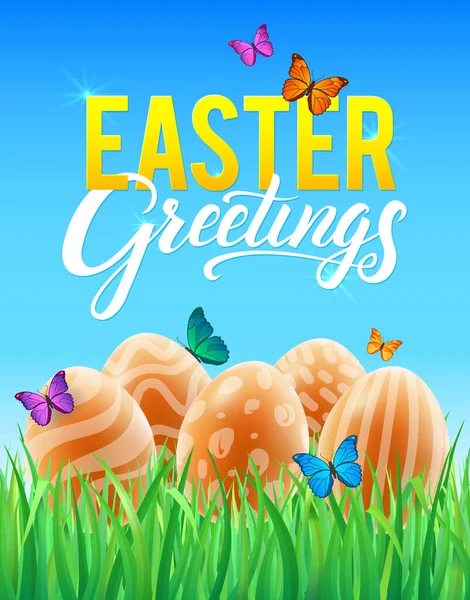 Template vector card with realistic eggs, grass and butterflies. Handwriting inscription Happy Easter. Blue Sky background — Stock Vector