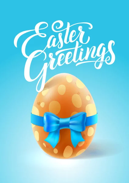 Template vector card with realistic egg, gift bow and Handwriting inscription Easter Greeting. Blue background. — Stock Vector