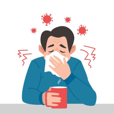 Coronavirus tehlikesi. Hasta adam vektör karakteri. Bir adam mendile hapşırıyor, virüsler kafasının üzerinden uçuyor. Covid - 2019