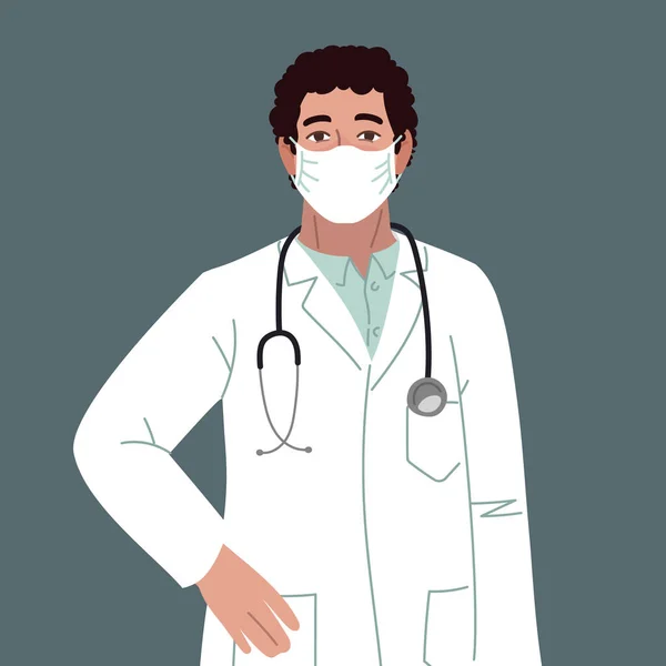 White Dark Haired Male Doctor Man White Coat Stands Gray — Stock Vector