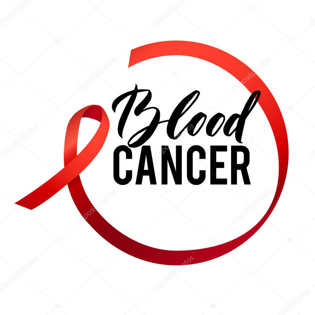 Blood Cancer Awareness Label. Vector Tamplate with Red Ribbon - Symbol of Cancer Fight.