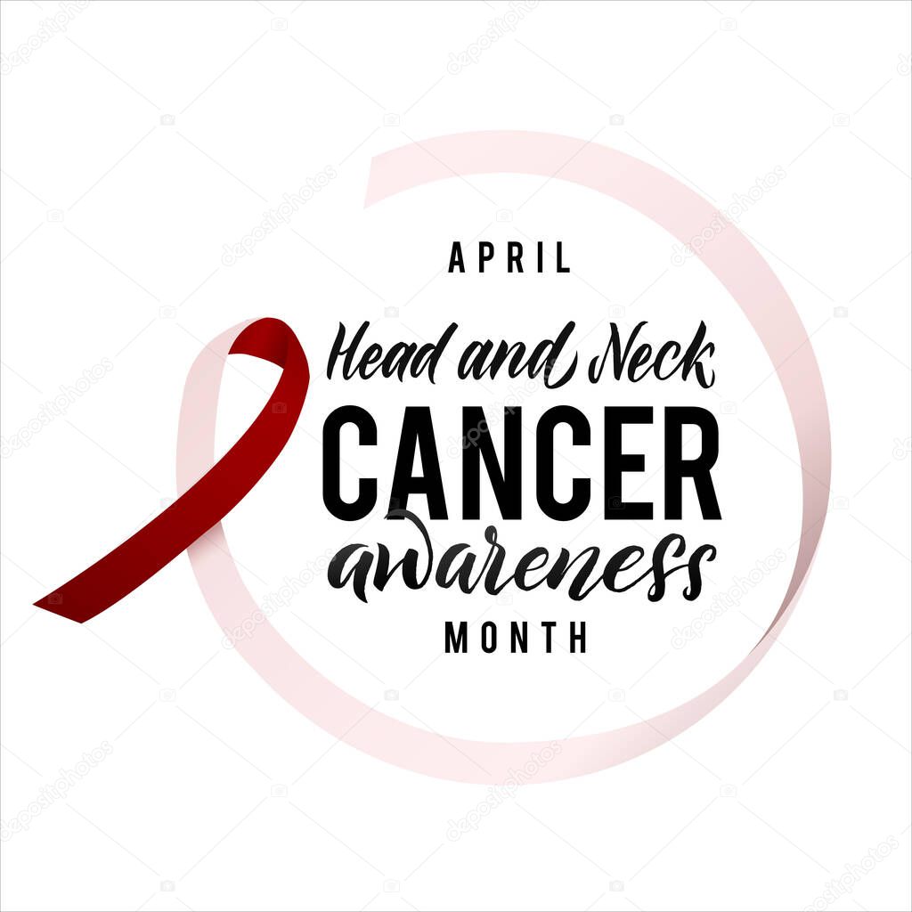 Vector Head and Neck Cancer Awareness Calligraphy Poster Design. Stroke Burgundy and Ivory Color Ribbons. April is Cancer Awareness Month.