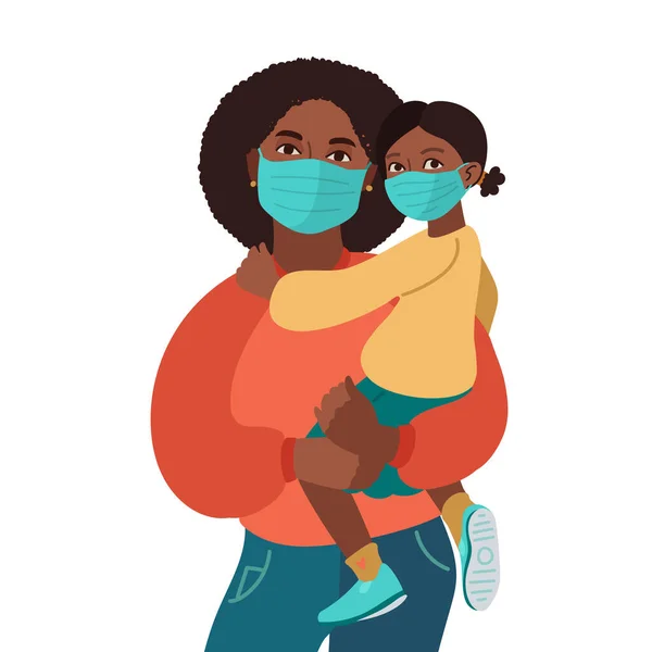 Madre e hija usan máscaras médicas. Prevención del virus. Afroamericanos. Ilustración familiar vectorial — Archivo Imágenes Vectoriales