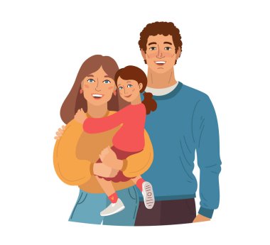 Genç gülümseyen aile portresi.. Anne, baba ve küçük kız. Vektör illüstrasyonu basit şekiller.