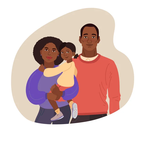 Mladý afroamerický rodinný portrét.. Máma, táta a dcera. Jednoduché tvary vektorové ilustrace. — Stockový vektor