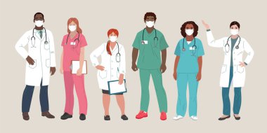 Tıp insanları. Yüz maskesi takan doktorlar ve hemşireler, doktor konsepti, tıbbi büro ya da laboratuvar. Modern düz vektör kavramı dijital vektör çizimi