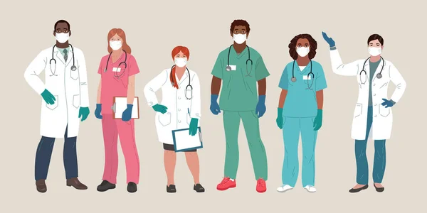 Arzt und Krankenschwester mit Mundschutz und Handschuhen. — Stockvektor