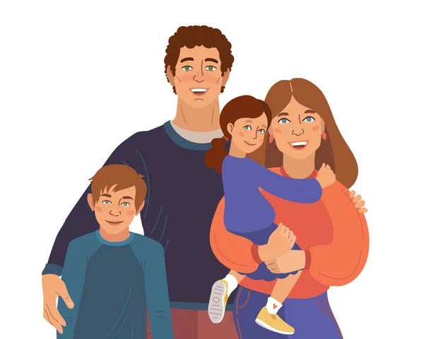 病媒微笑的家庭肖像。母亲、父亲、儿子和小女儿。矢量图解简单的形状 — 图库矢量图片