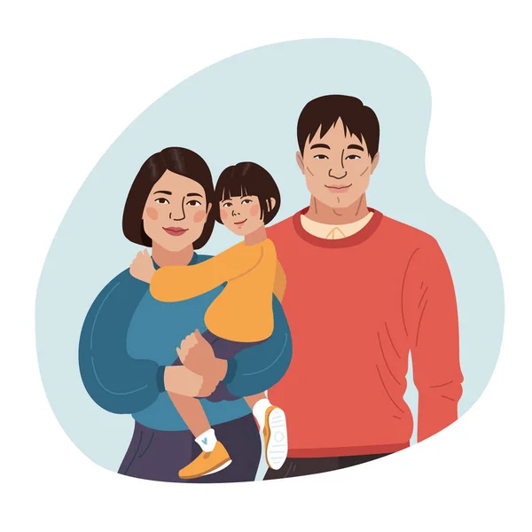 Asiático sorrindo retrato de família. Mãe chinesa, pai e filha pequena. Ilustração vetorial simples — Vetor de Stock