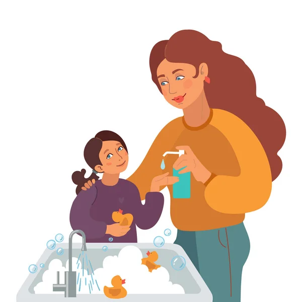 Mère lave les mains des filles avec du savon liquide. Illustration vectorielle maman et fille. Lavez-vous les mains et soyez en bonne santé — Image vectorielle