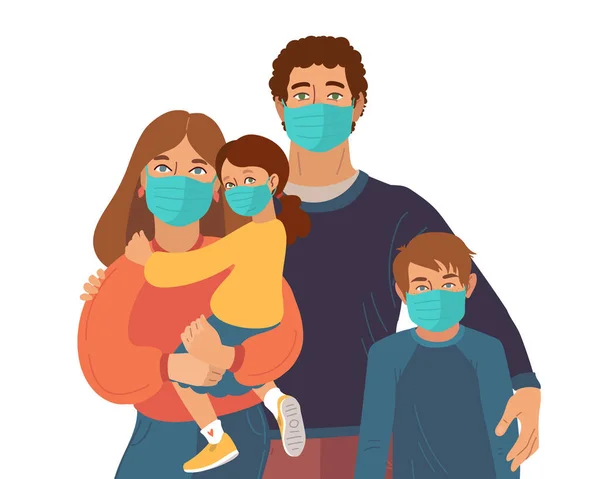 Madre Padre e hija usan máscaras médicas. Prevención de virus y enfermedades. Ilustración familiar vectorial — Archivo Imágenes Vectoriales