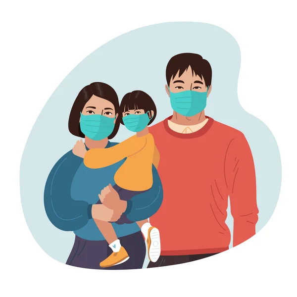 Asian Mother Father and daughter wear medical masks. Virus and disease prevention. Vector Family illustration — Stock Vector