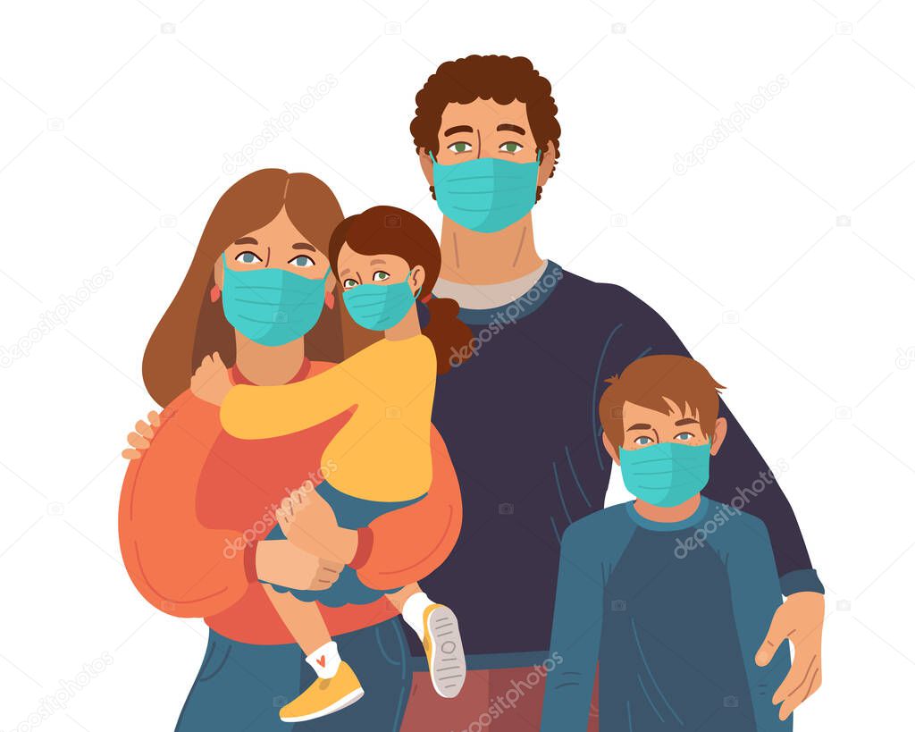 Mother Father and daughter wear medical masks. Virus and disease prevention. Vector Family illustration