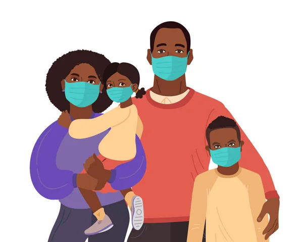 Madre Padre hija e hijo usan máscaras médicas. Prevención de virus y enfermedades. Afroamericanos. Ilustración familiar vectorial — Archivo Imágenes Vectoriales