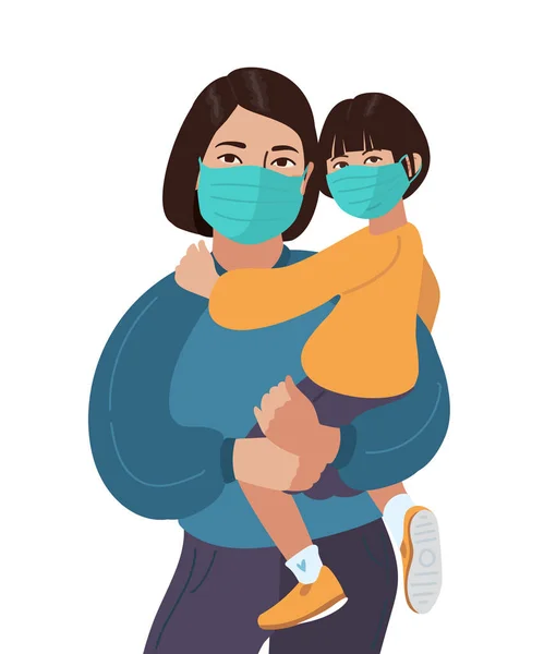 Madre e hija asiáticas usan máscaras médicas. Prevención de virus y enfermedades. Vector China o Japón Ilustración familiar — Archivo Imágenes Vectoriales