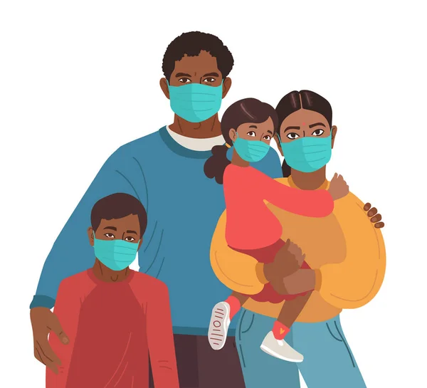 Mother Father daughter and son wear medical masks. Virus and disease prevention. Indian Persons. Vector Family illustration — Stock Vector