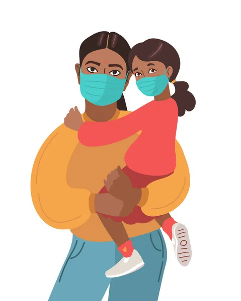 Mother and daughter wear medical masks. Virus prevention. African Indian Persons. Vector Family illustration — Stock Vector