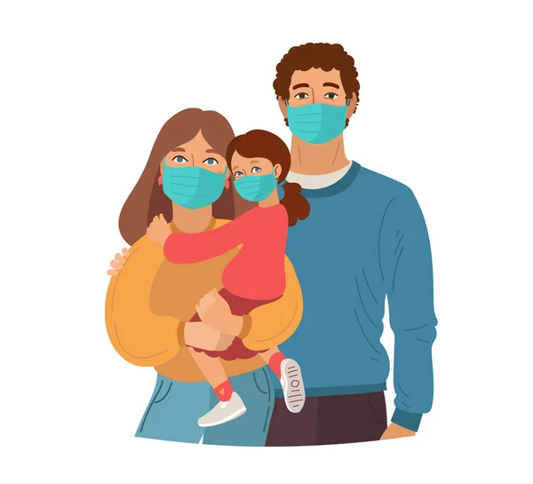 Madre Padre e hija usan máscaras médicas. Prevención de virus y enfermedades. Ilustración familiar vectorial — Archivo Imágenes Vectoriales