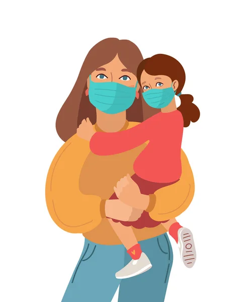 Mother and daughter wear medical masks. Virus and disease prevention. Vector Family illustration — Stock Vector