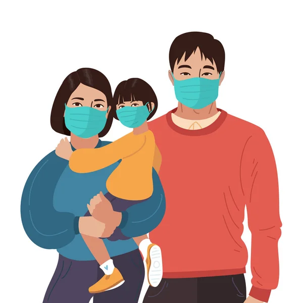 Madre Padre hija usar máscaras médicas. Prevención de virus y enfermedades. Personas asiáticas. Ilustración familiar vectorial — Archivo Imágenes Vectoriales