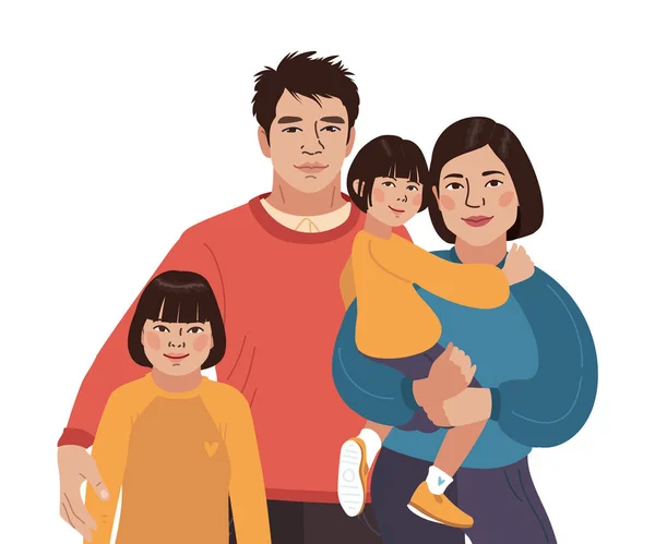 Asiático sorrindo retrato de família. Mãe chinesa, pai e filhas pequenas. Ilustração vetorial simples — Vetor de Stock