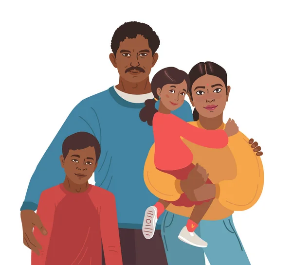 Indiánský rodinný portrét. Šťastná matka, otec, syn a malá dcera. Jednoduchá vektorová ilustrace. — Stockový vektor