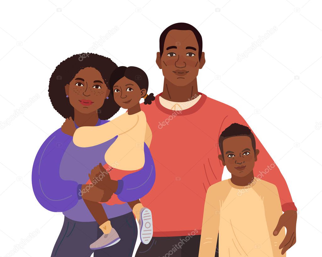 Young African-American family portrait.. Mom, dad son and daughter. Vector illustration simple shapes