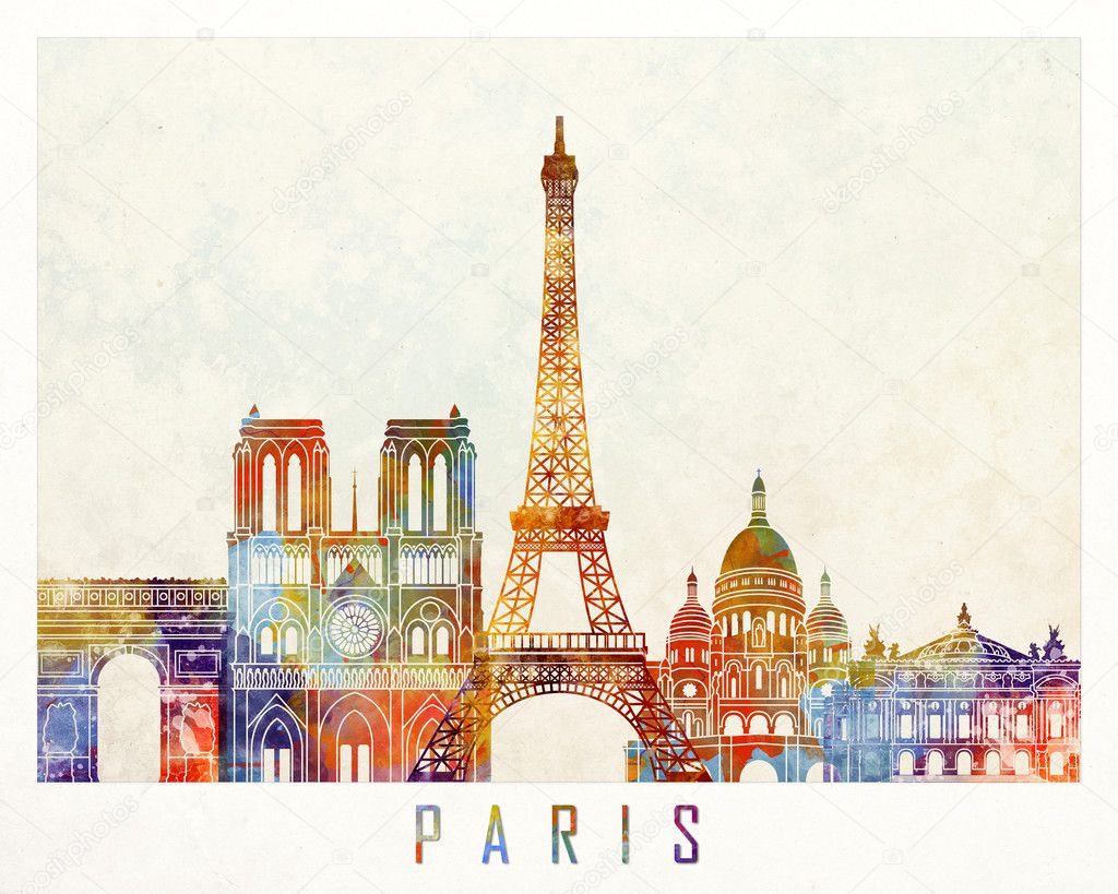 Paris landmarks watercolor poster