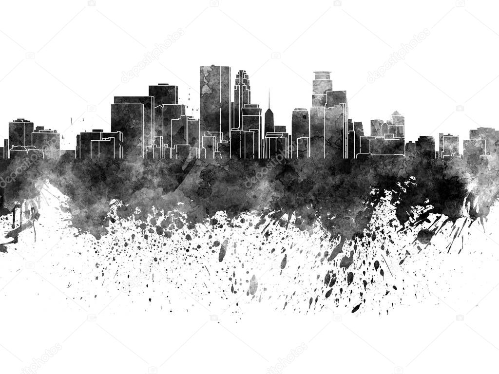 Minneapolis skyline in black watercolor on white background
