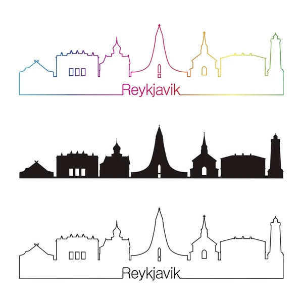 Reykjavik V2 skyline in stile lineare con arcobaleno — Vettoriale Stock