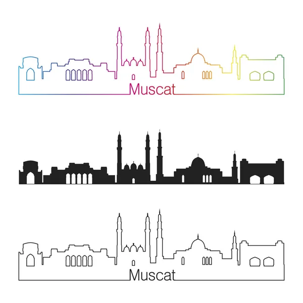 Muscat Skyline linearen Stil mit Regenbogen — Stockvektor