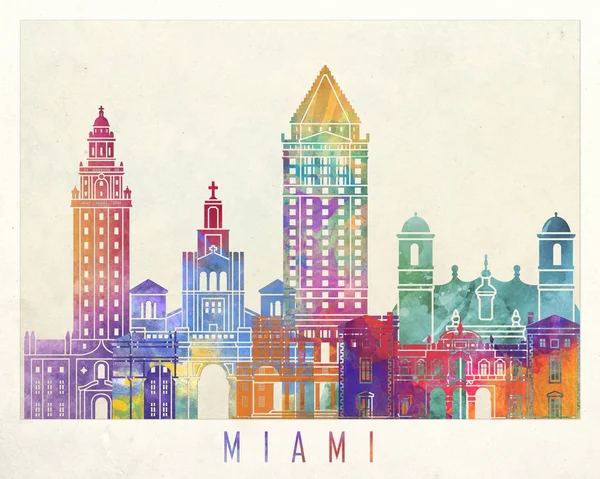 Miami punti di riferimento acquerello poster — Foto Stock