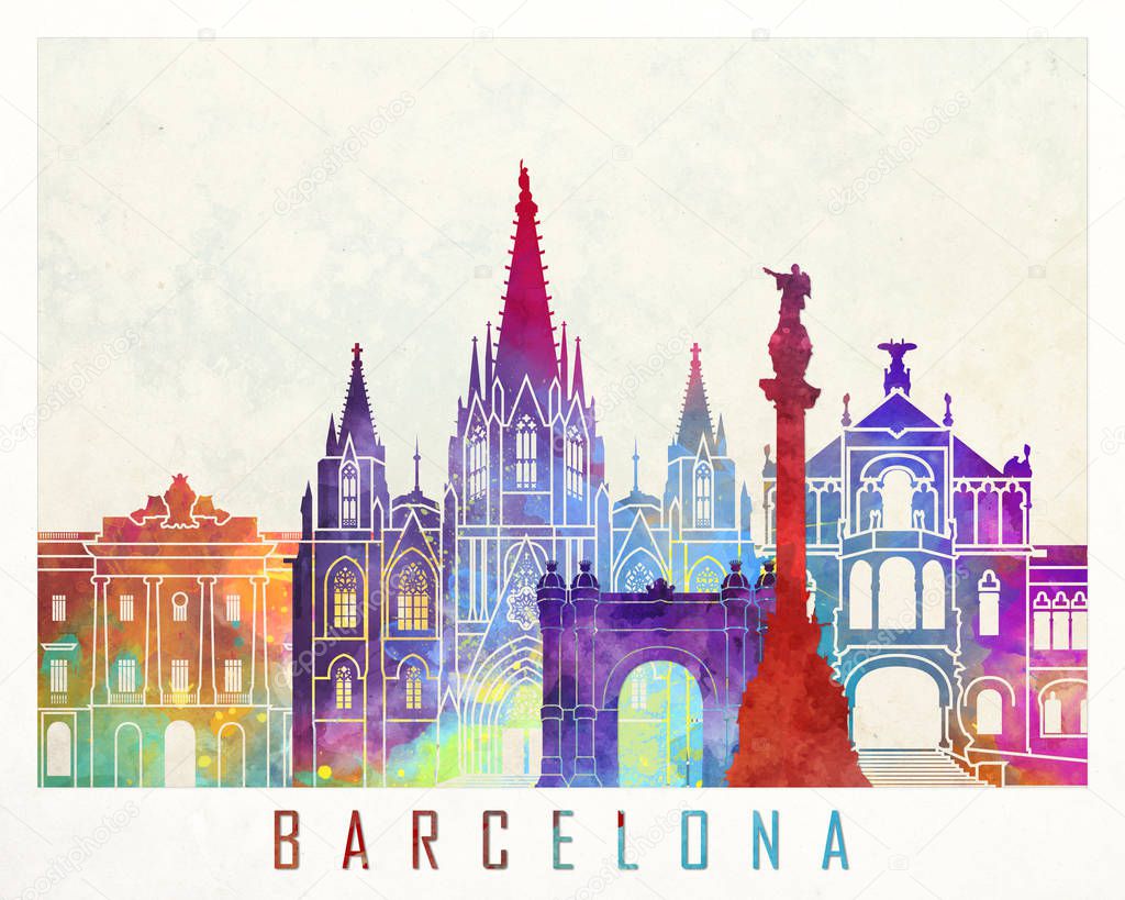 Barcelona landmarks watercolor poster