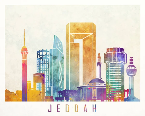 Jeddah marcos aquarela cartaz — Fotografia de Stock