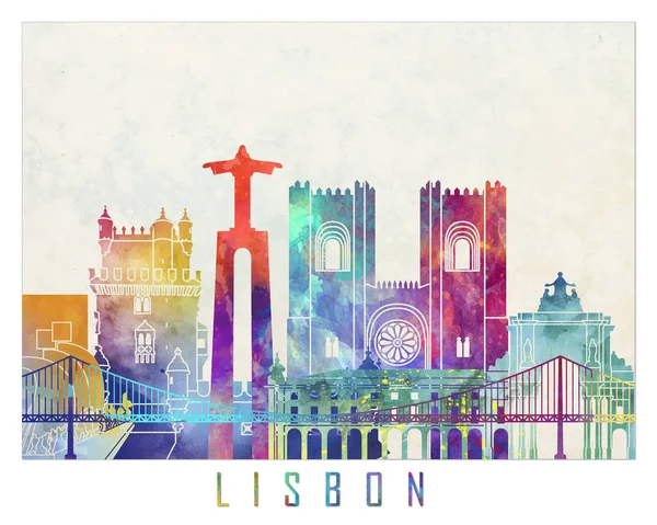 Lissabonin maamerkit vesiväri juliste — kuvapankkivalokuva