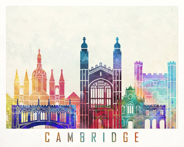 剑桥的地标水彩海报 — 图库照片
