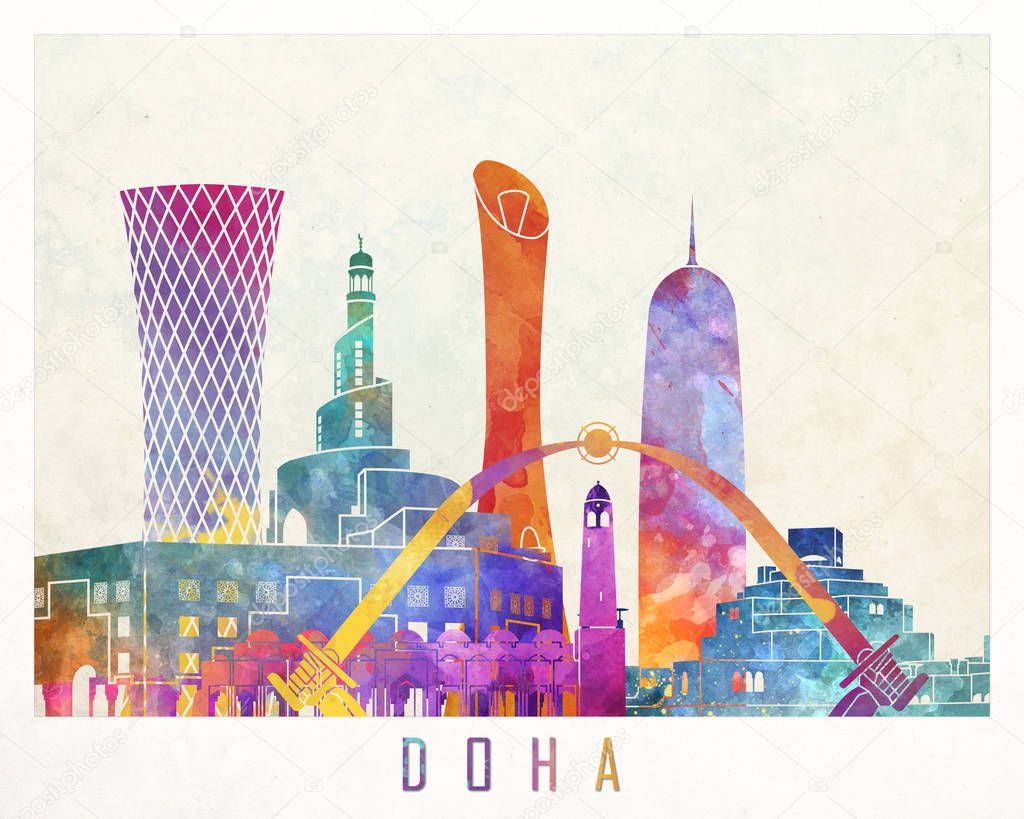 Doha landmarks watercolor poster