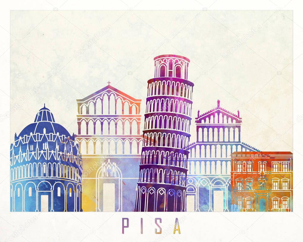 Pisa landmarks watercolor poster
