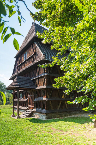 Bardejov, Slovakia - AUGUST 06, 2015: Hronsek. Old fully wooden one of the five preserved artucular churches in Slovakia. Built in 1726 is 26 meters long, 11 meters wide and 8 meters high.