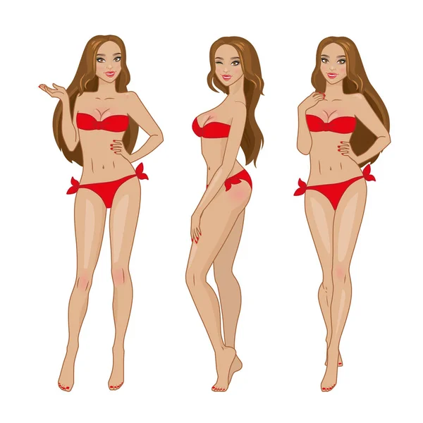 Fille aux cheveux bruns en bikini rouge — Image vectorielle