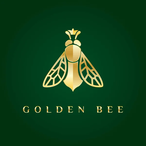 Vector elegant fancy, elegant, stylish, graceful, luxury, rich logotype. Golden yellow logo at dark green gradient background. Queen bee with the crown on its head. Great symbol for fashion, beauty, jewelry, designer, honey, education. — Stock Vector