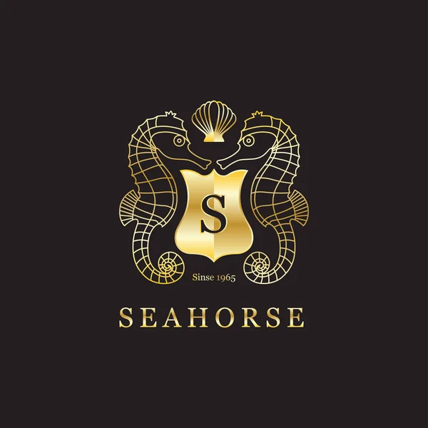 Cavalo-marinho heráldico fundo preto dourado — Vetor de Stock