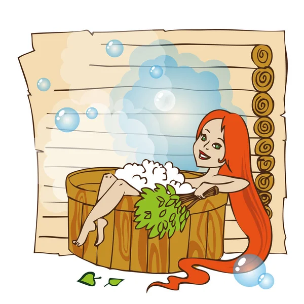 Mulher está deitado em banho de madeira na sauna . —  Vetores de Stock