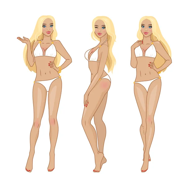 Vector beautiful sexy young woman with blond hair in white bikini in differ...