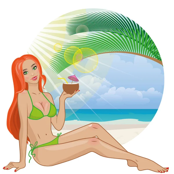 Red-haired girl on the beach — Stock Vector